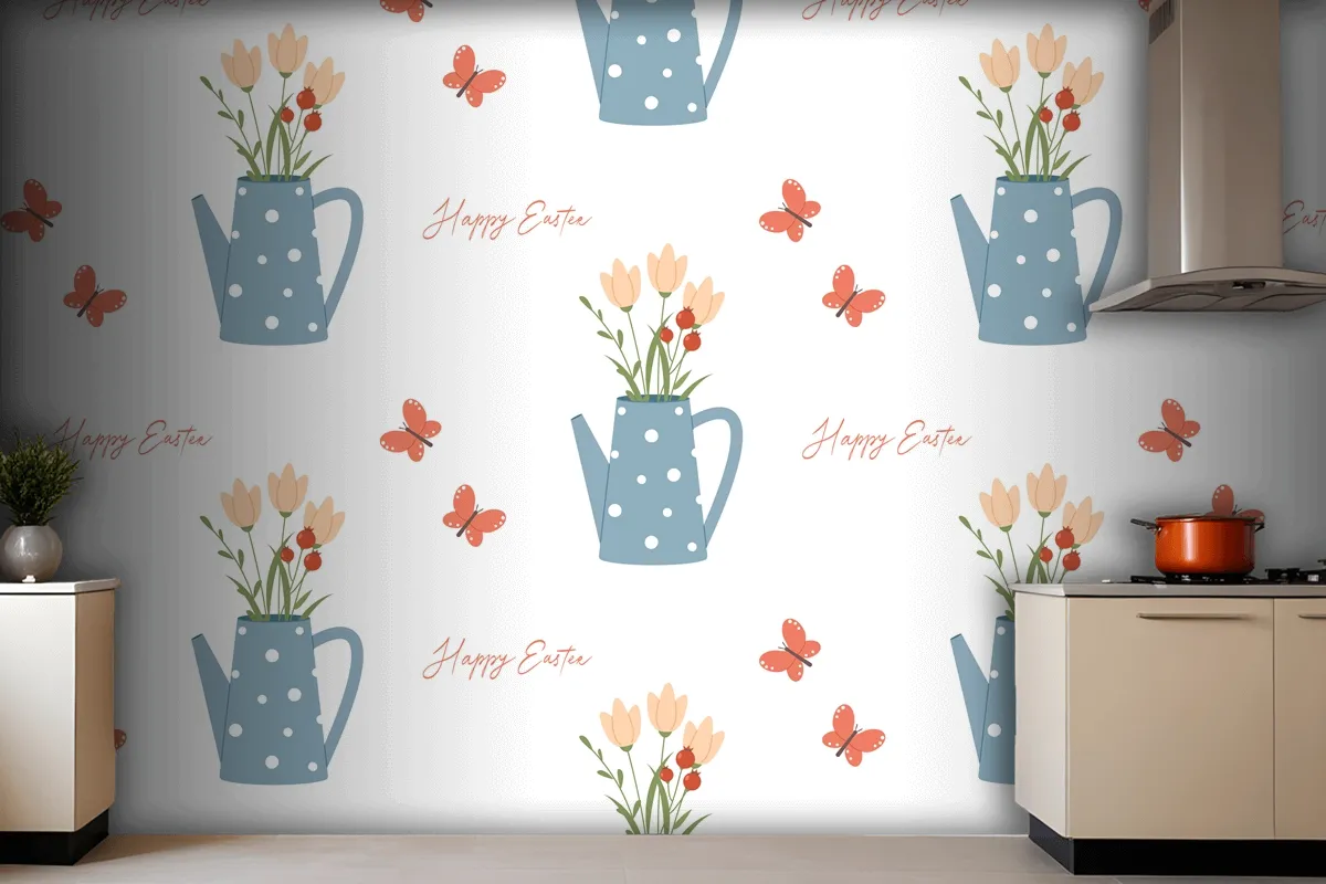 Easter Seamless Pattern Watering Can Butterfly And Lettering Wallpaper Mural