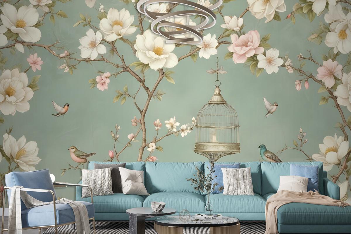 English Country Style With Branches And Flowers And Birds Wallpaper Mural