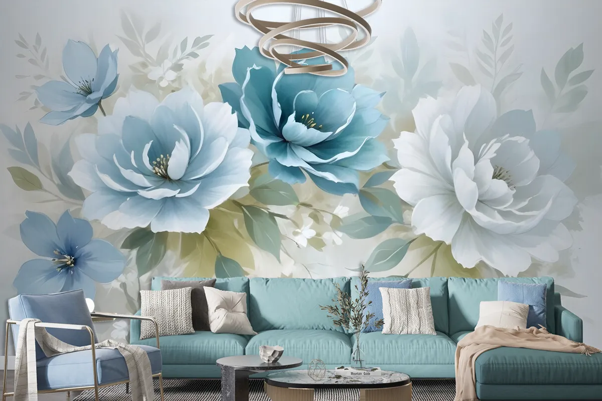 European Style 3D Look Blue Green Floral Wallpaper Mural