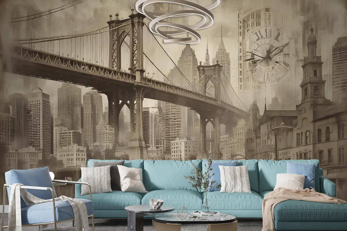 European Vintage City With Brooklyn Bridge Wallpaper Mural