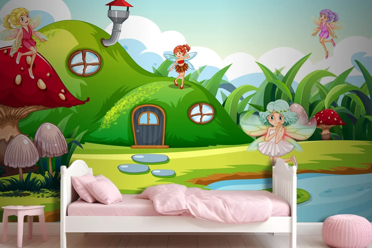 Fantasy Fairys In Green Scene Wallpaper Mural