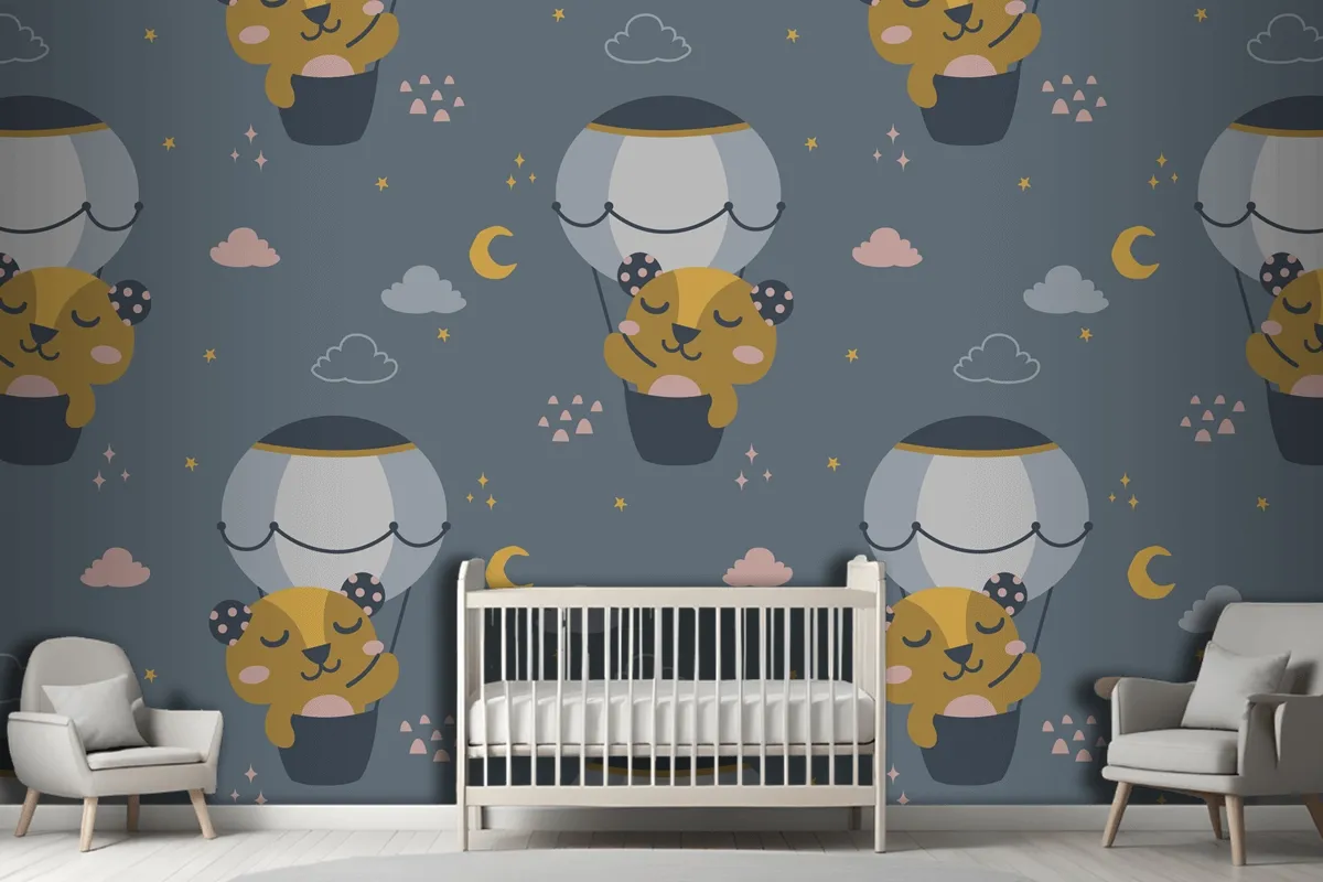 Fliying Cute Bear Scandinavian Pattern Wallpaper Mural