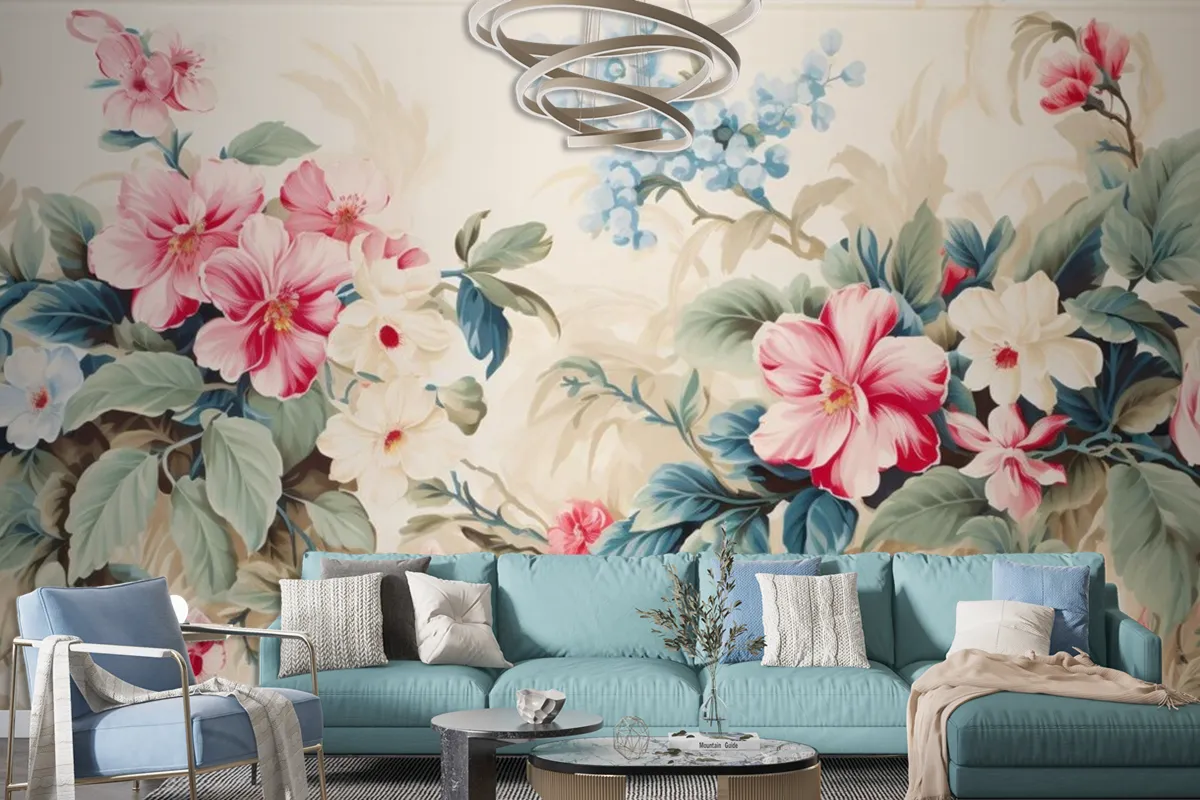 A Floral With Tropical Flowers And Leaves Wallpaper Mural