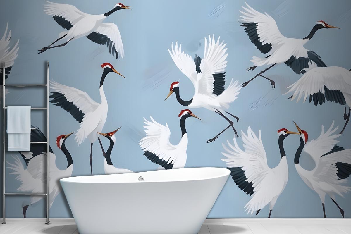 Flying Japanese Cranes Blue Painted Wallpaper Mural