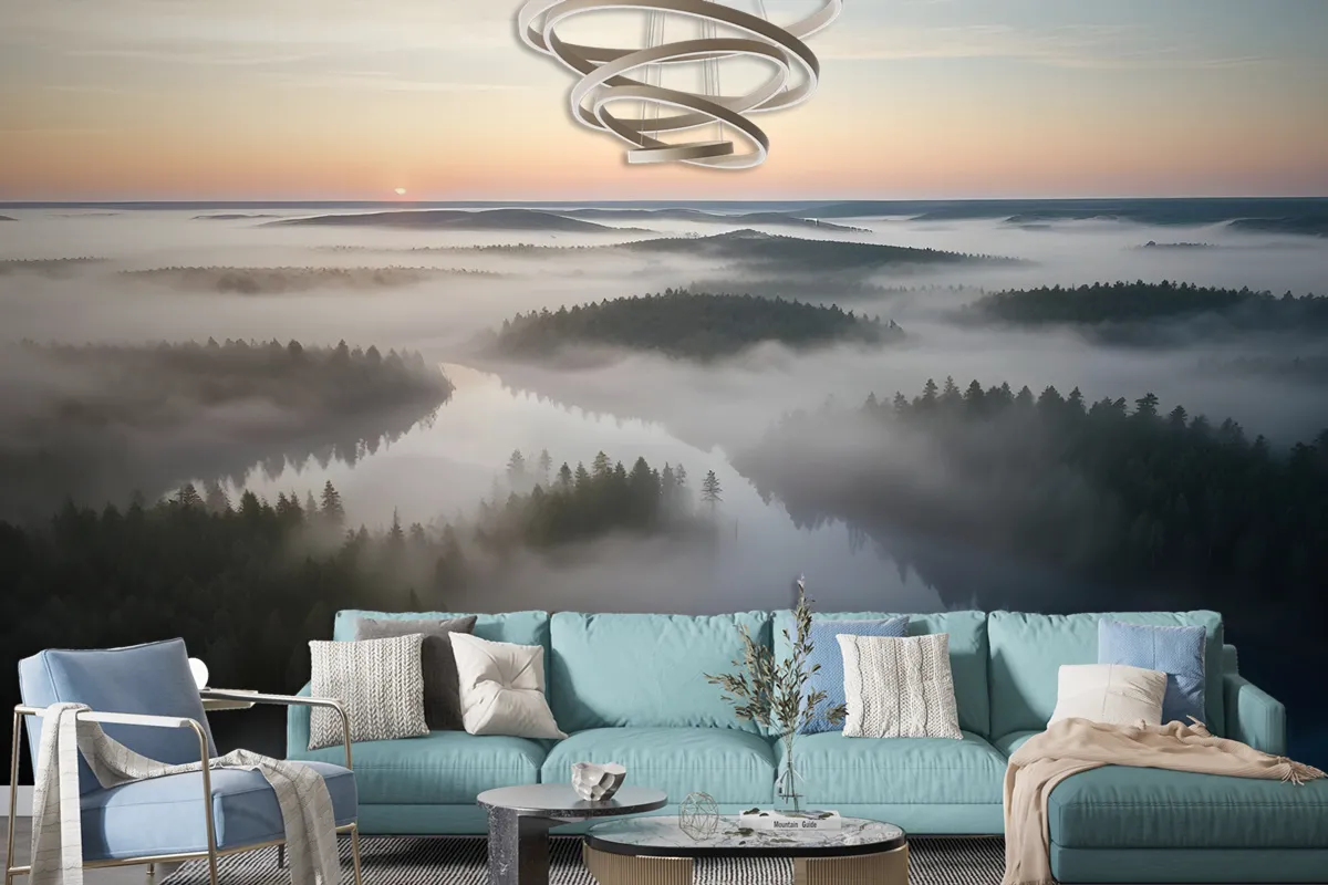 Foggy Rive Forest Landscape Wallpaper Mural