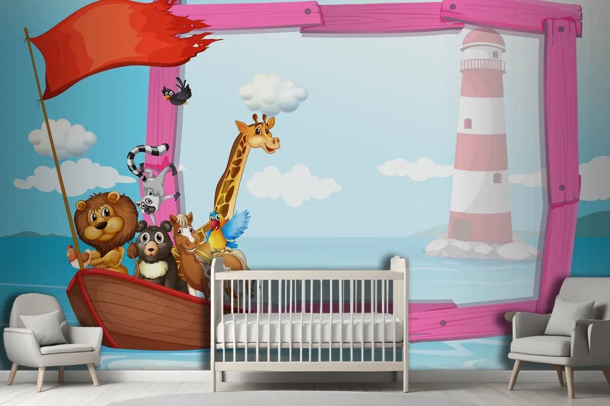 Frame With Wild Animals In The Boat Wallpaper Mural