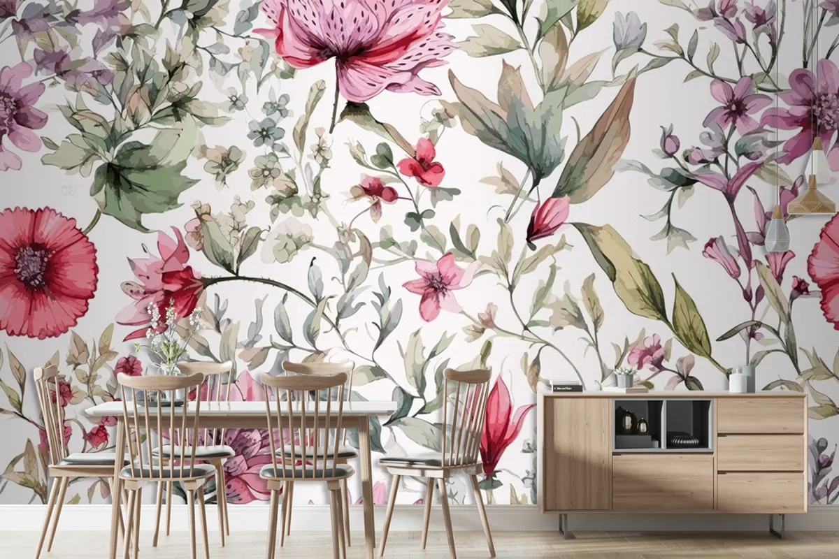 Colourful Floral Background With Leaves Wallpaper Mural