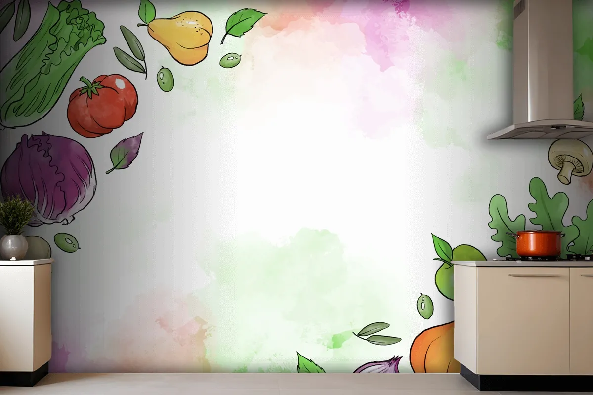 Fruit And Vegetables Hand Drawn Wallpaper Mural