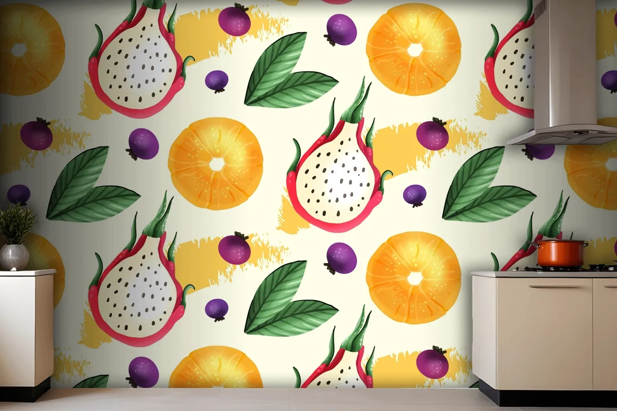 Fruits Pattern With Dragon Fruit Kitchen Wallpaper Mural