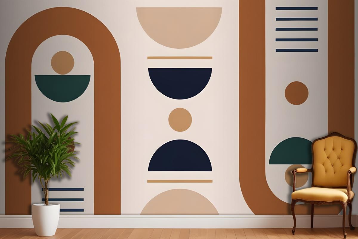 Geometric Shapes And Forms In Earthy Tones Of Brown Beige Navy And Green Wallpaper Mural