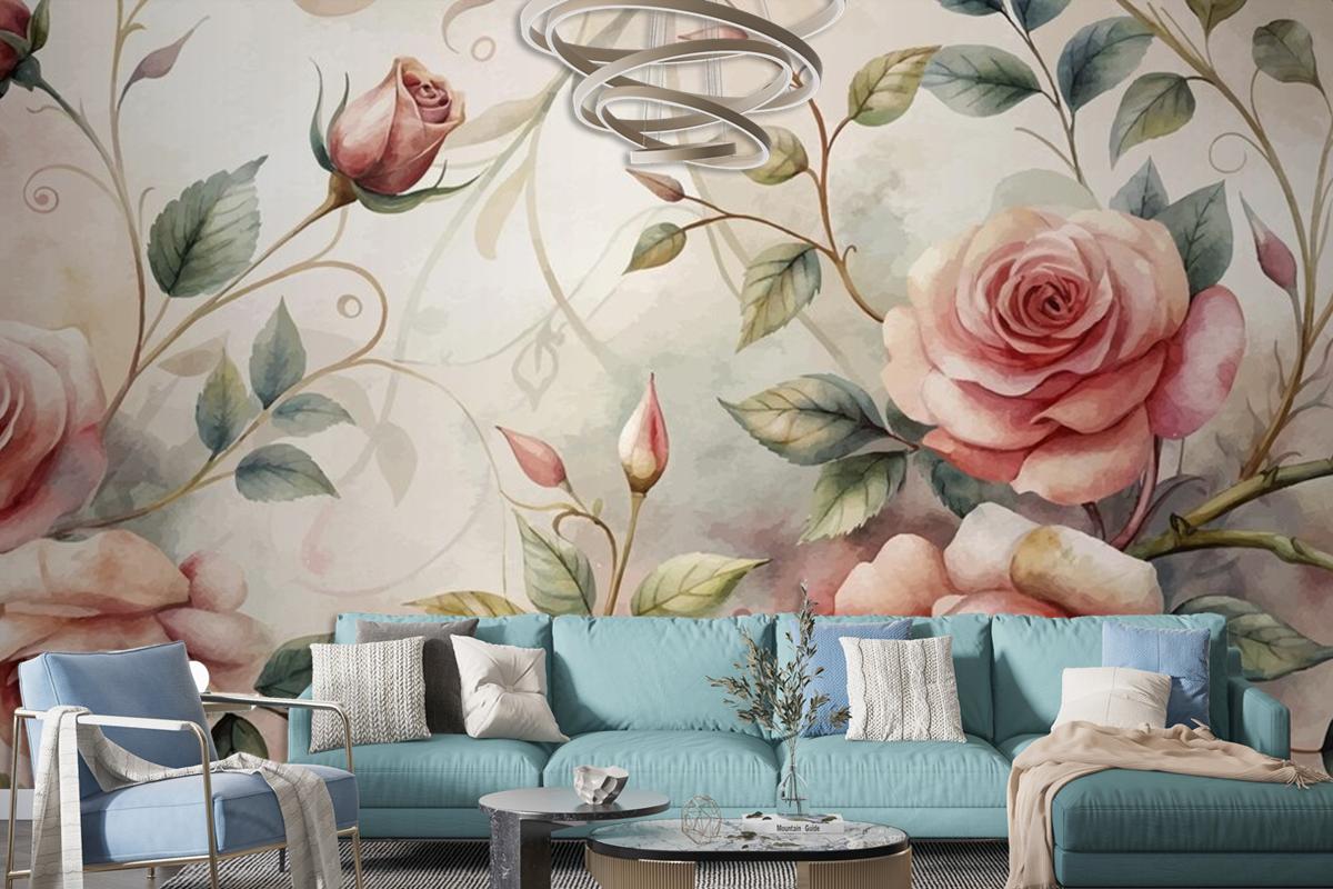 Graceful Rose Tree Pattern Watercolor Background Wallpaper Mural