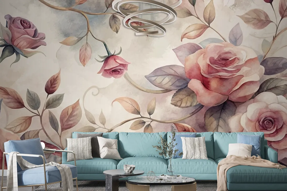 Graceful Rose Tree Pattern Watercolor Background Wallpaper Mural