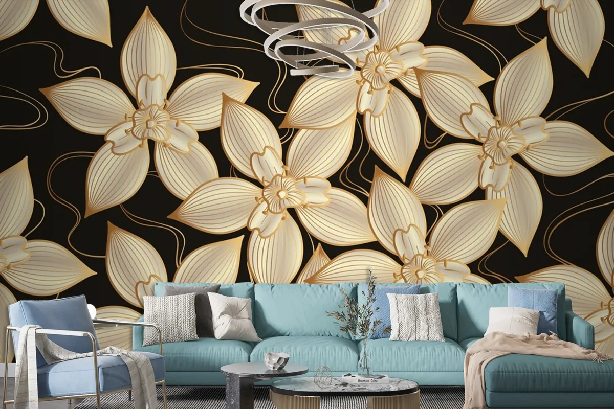 Gradient Golden Linear Background With Elegant Flowers Wallpaper Mural