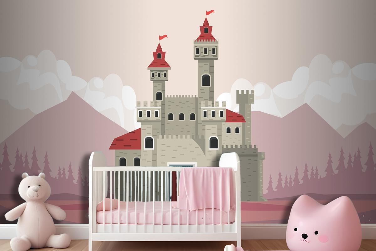 Gray Castle In Pink Landscape Scene Wallpaper Mural