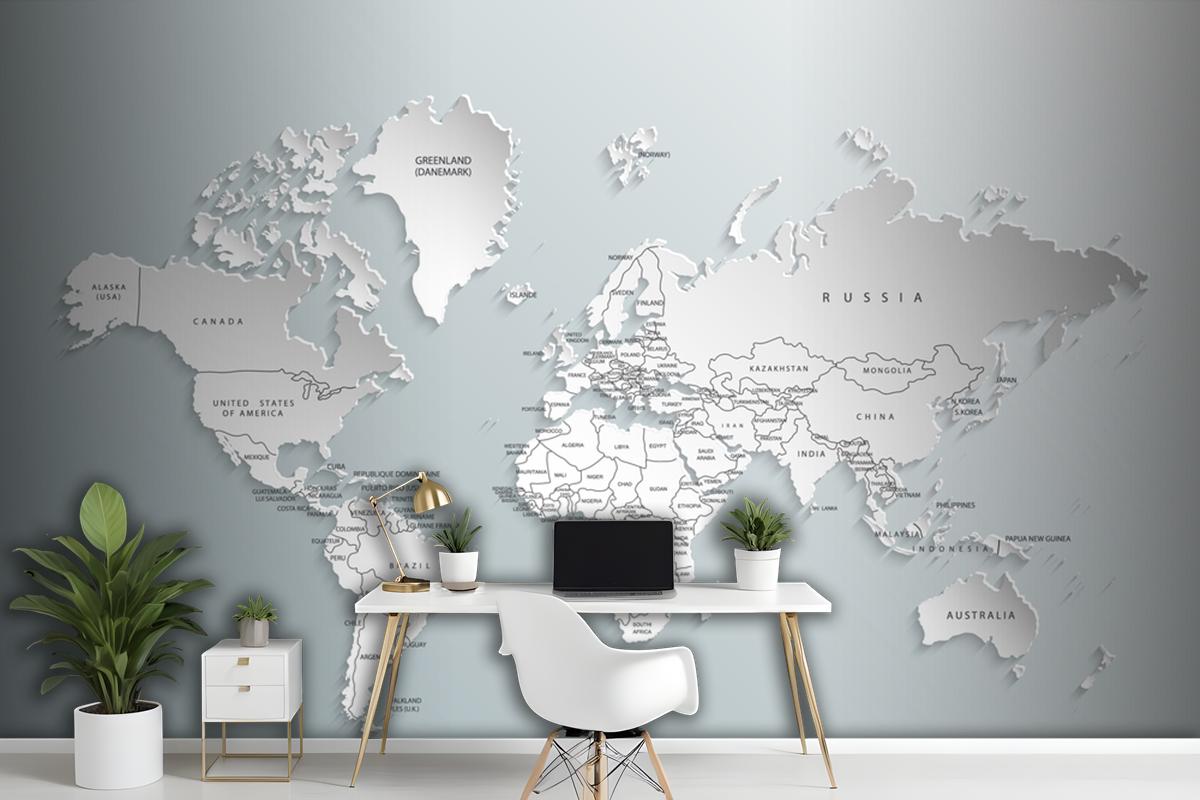 Gray World Map Countries Wallpaper Mural