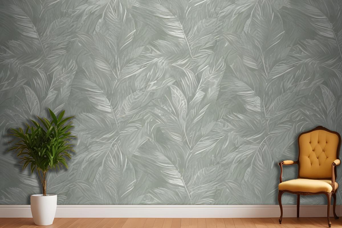 Green And White Abstract Pattern With Overlapping Leaf Or Featherlike Shapes Wallpaper Mural