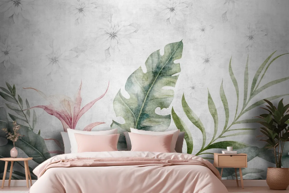 Green Branches Tree Leaves On Drawing Gray Wallpaper Mural