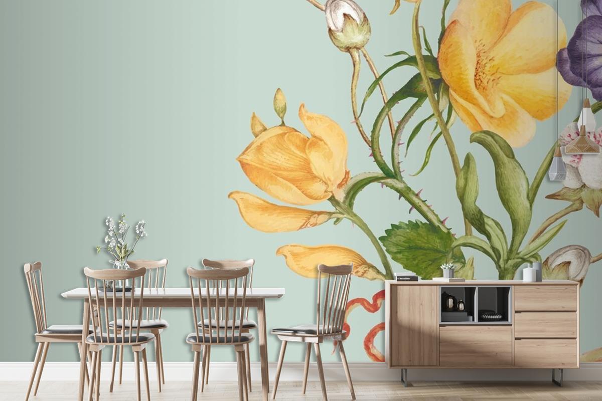 Green Floral Background In Pastel Paper Texture Style Wallpaper Mural