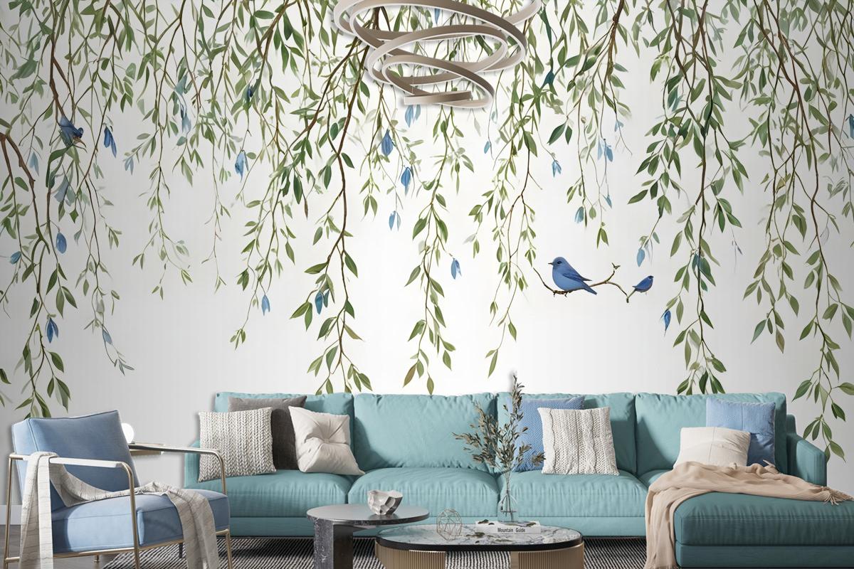 Green Hanging Leaves With Colorful Birds Wallpaper Mural