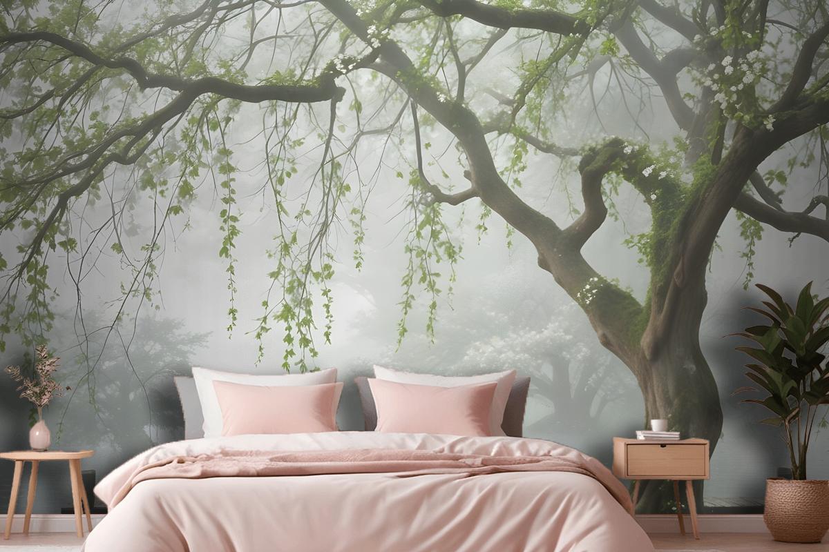 Green White Leaves And Flowers Tree Branches Wallpaper Mural