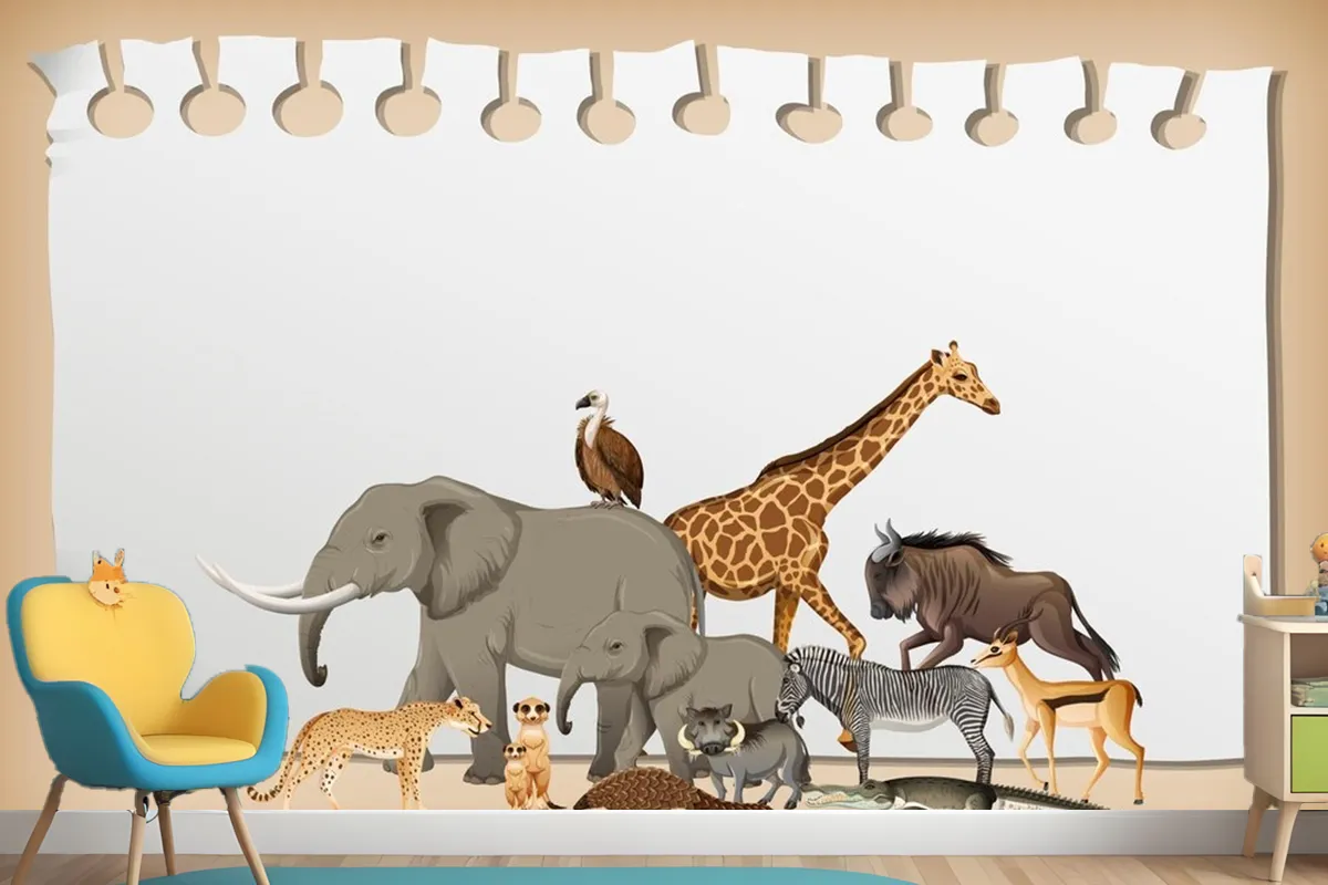 Group Of Wild African Animal On Paper Wallpaper Mural