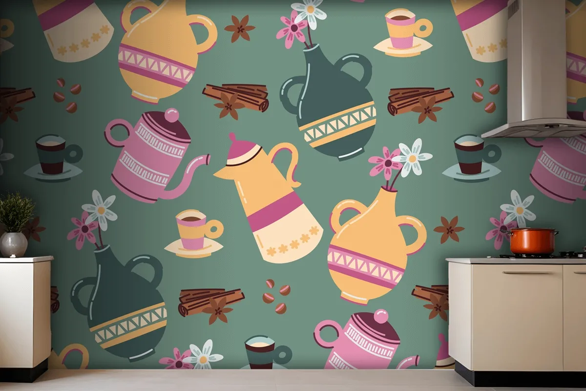 Hand Drawn Colorful Coffee Pattern Wallpaper Mural