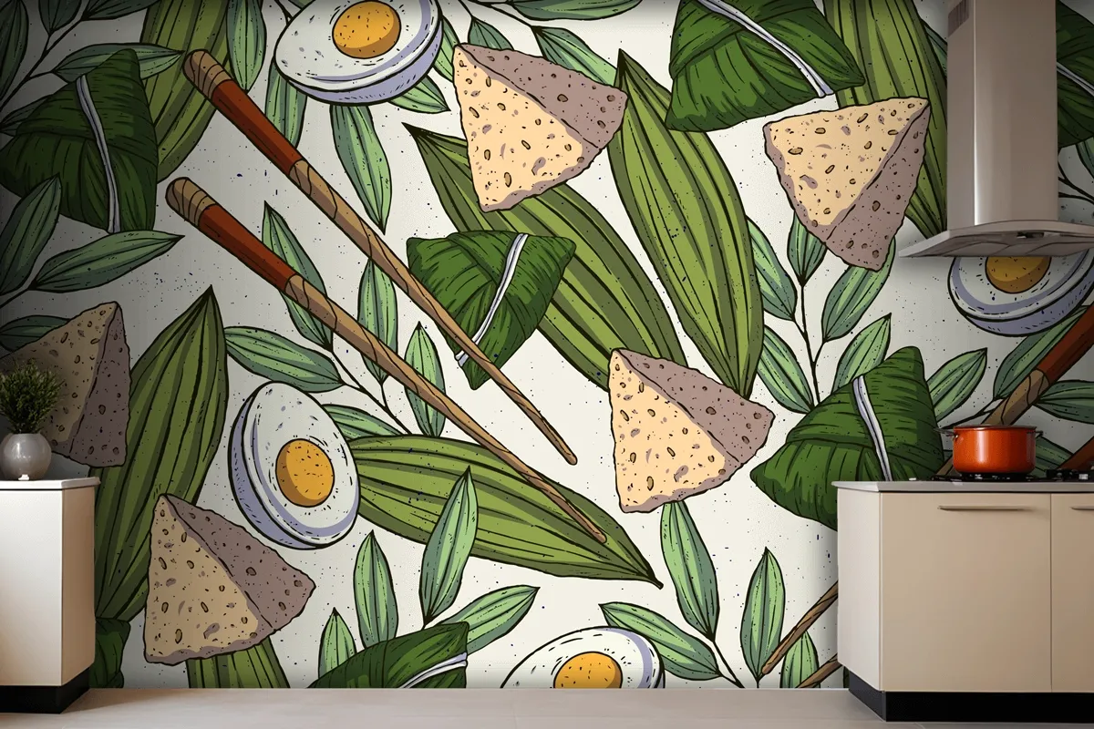 Hand Drawn Dragon Boats Zongzi Wallpaper Mural