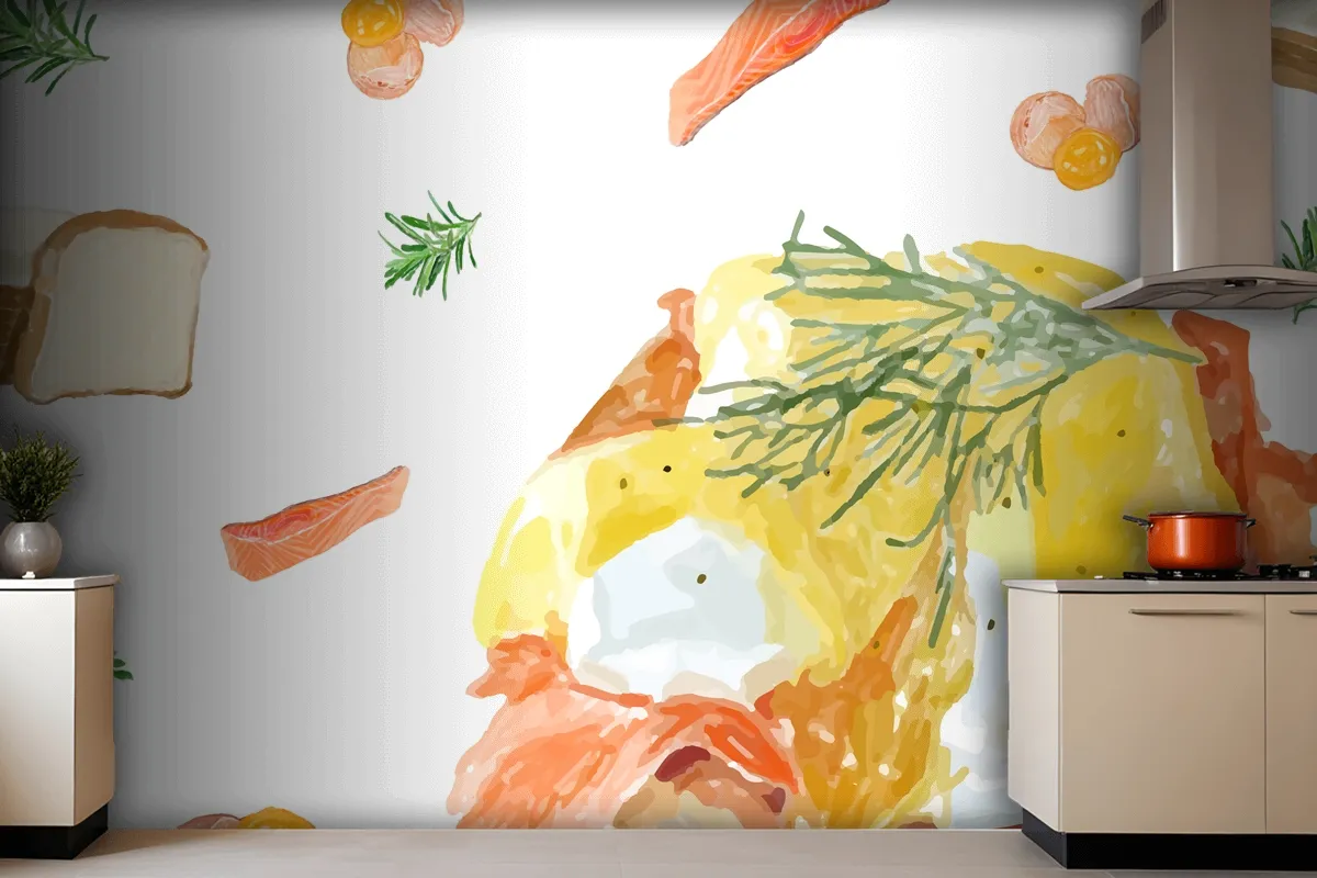 Hand Drawn Egg Benedic Watercolor Style Wallpaper Mural