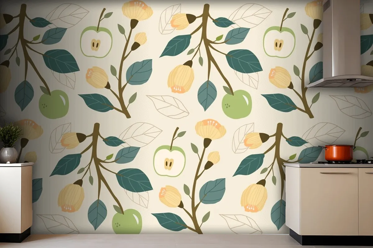 Hand Drawn Flat Fruit And Floral Pattern Kitchen Wallpaper Mural