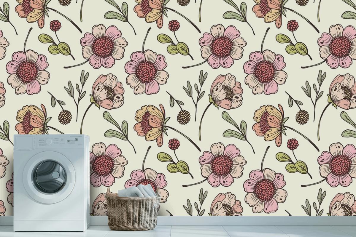 Hand Drawn Floral Pattern In Peach Tones Wallpaper Mural