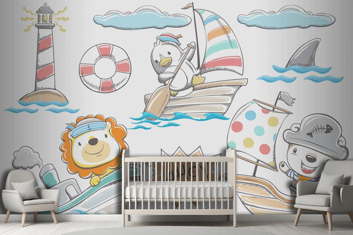 Hand Drawn Funny Animals Sailor With Sea Elements Wallpaper Mural