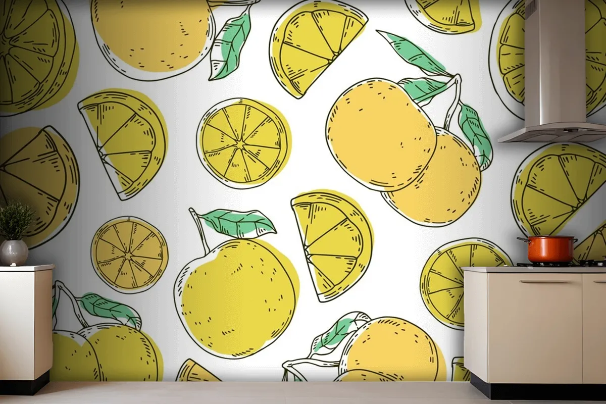 Hand Drawn Lineal Engraved Lemon Pattern Wallpaper Mural