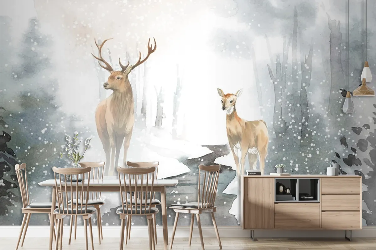 Handdrawn Pair Of Deer Watercolor Style Wallpaper Mural