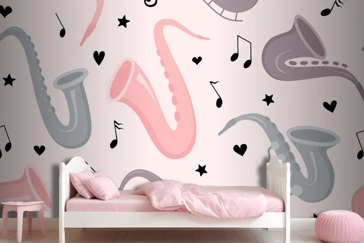 Hand Drawn Saxophone Seamless Pattern Wallpaper Mural