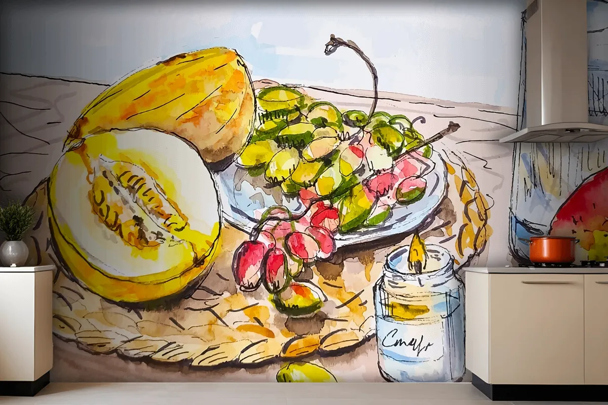 Hand Drawn Sketch Fruits On The Table At The Kitchen Grape Melon Mango Wallpaper Mural