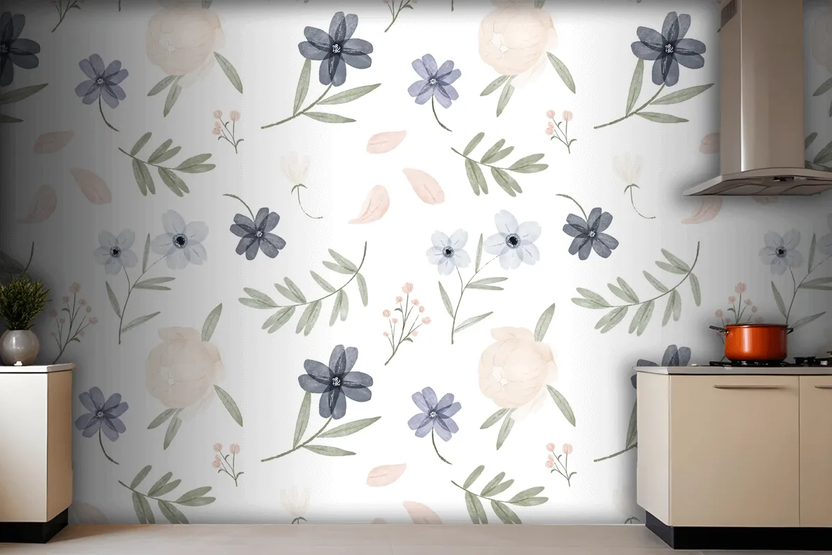 Hand Painted Watercolor Botanical Pattern Wallpaper Mural