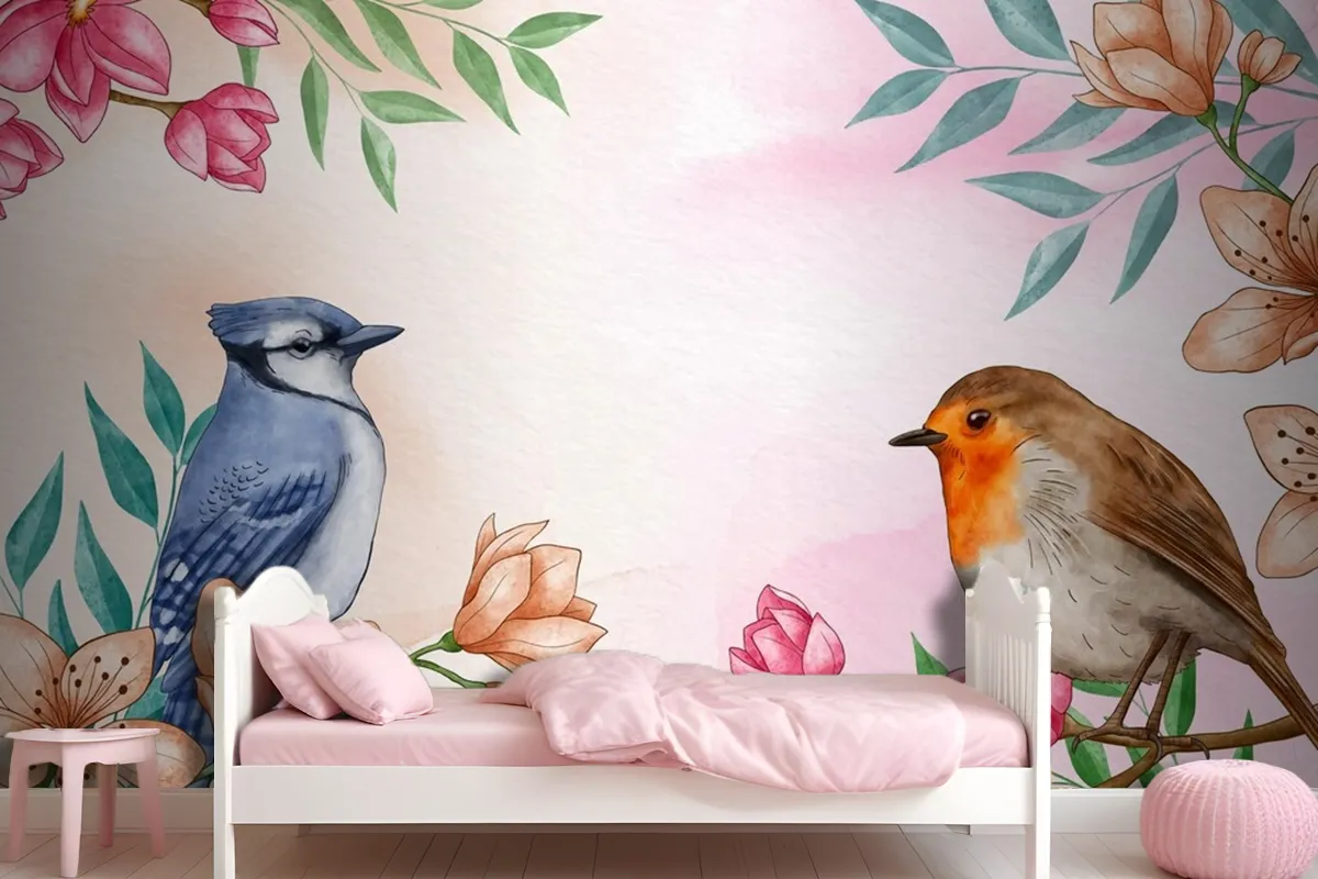 Hand Painted Watercolor Floral Birds Background Wallpaper Mural