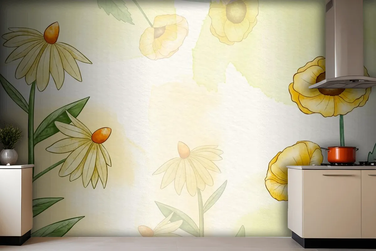 Hand Painted Watercolor Floral Kitchen Wallpaper Mural