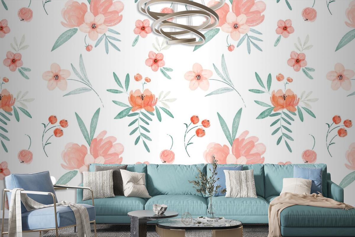 Hand Painted Watercolor Floral Pattern In Peach Tones Wallpaper Mural