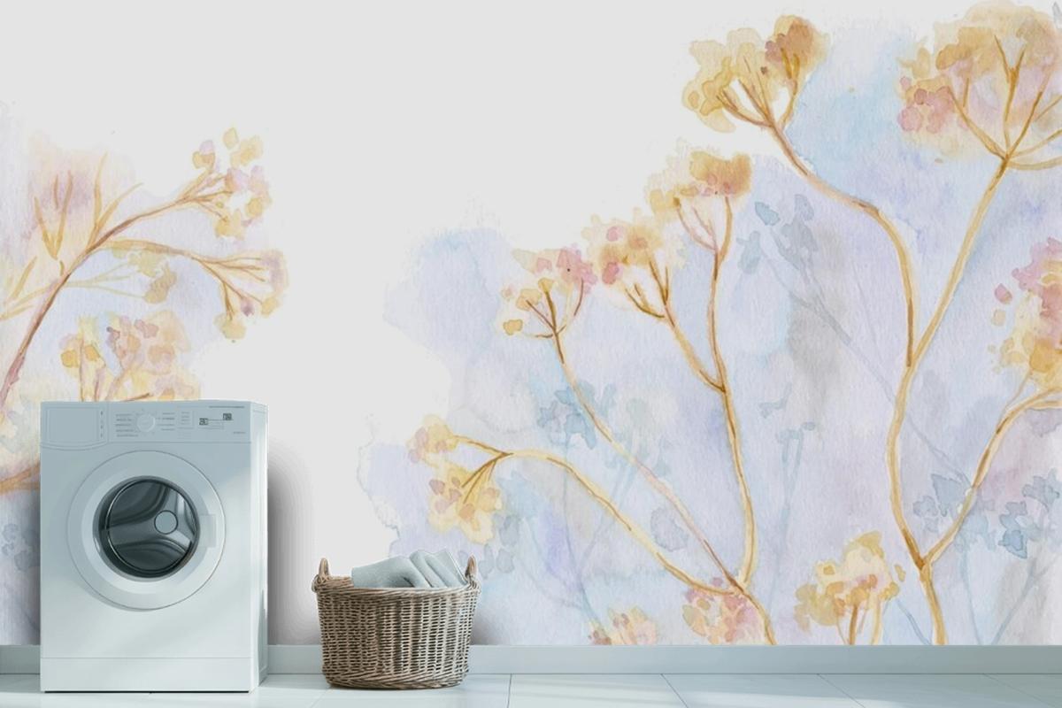 Hand Painted Watercolor Nature Laundry Room Wallpaper Mural