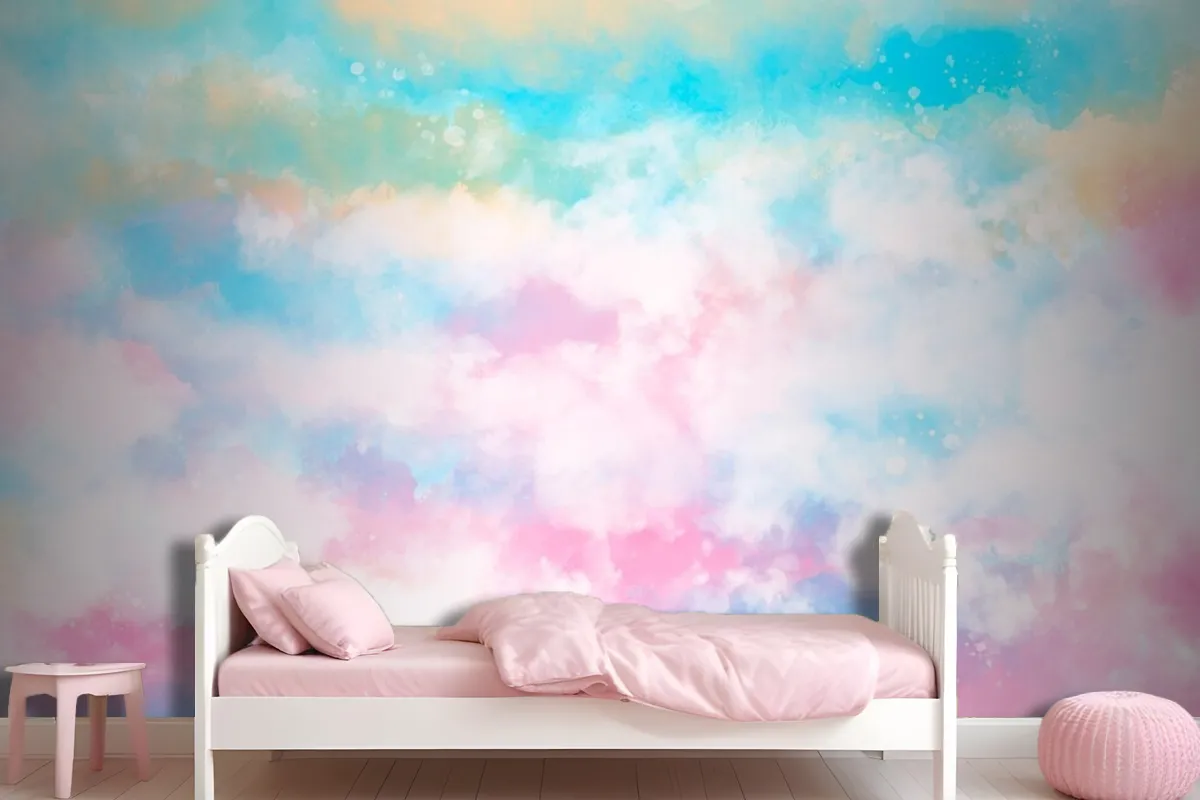 Hand Painted Watercolor Pastel Sky Background Girl Wallpaper Mural