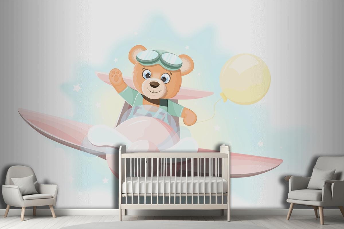 Happy Teddy Bear Flying On An Airplane Wallpaper Mural