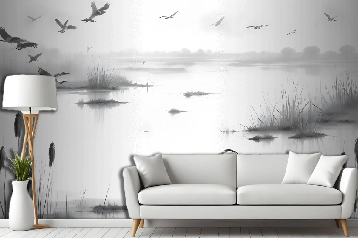 Heron Sketch In Misty Wetlands With Flying Birds Wallpaper Mural