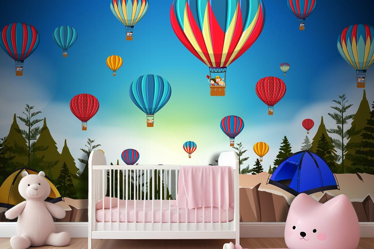 Hot Air Balloon In Nature Landscape Wallpaper Mural