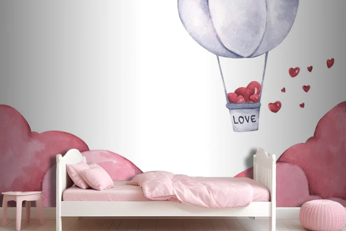 Hot Air Balloon With Heart Float On The Sky Wallpaper Mural