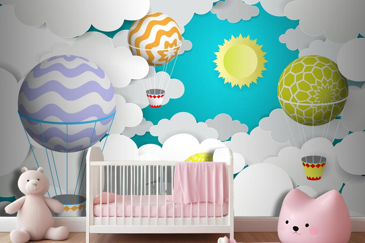 Hot Air Balloons In The Sky Paper Art Style Wallpaper Mural