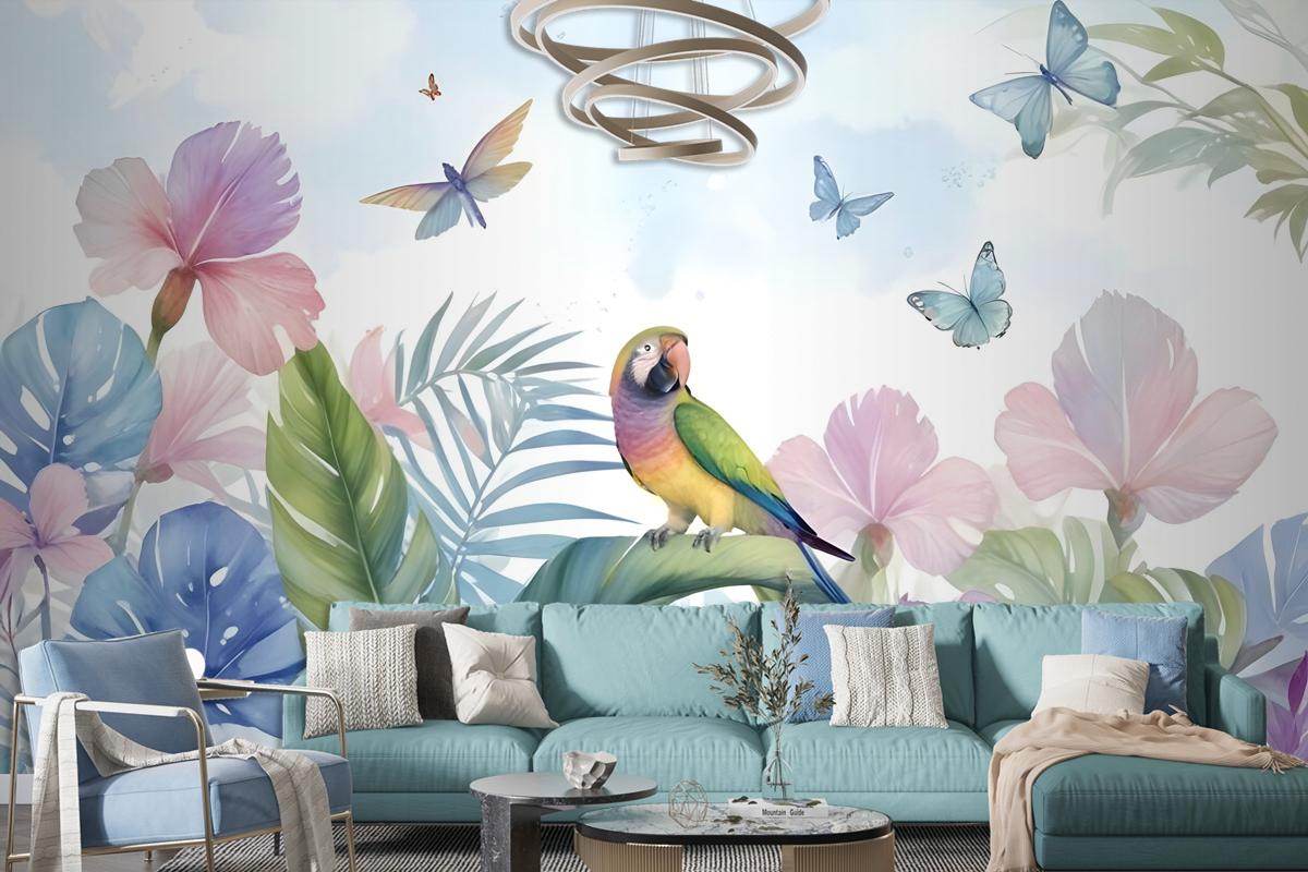 Hydrangea And Peony With Parrot Wallpaper Mural