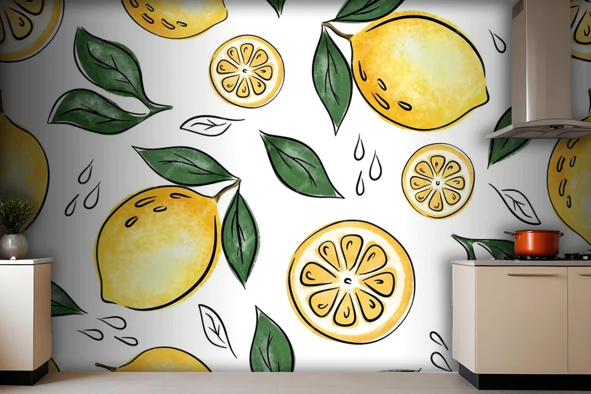 Juicy Seamless Pattern With Lemons And Leaves Wallpaper Mural