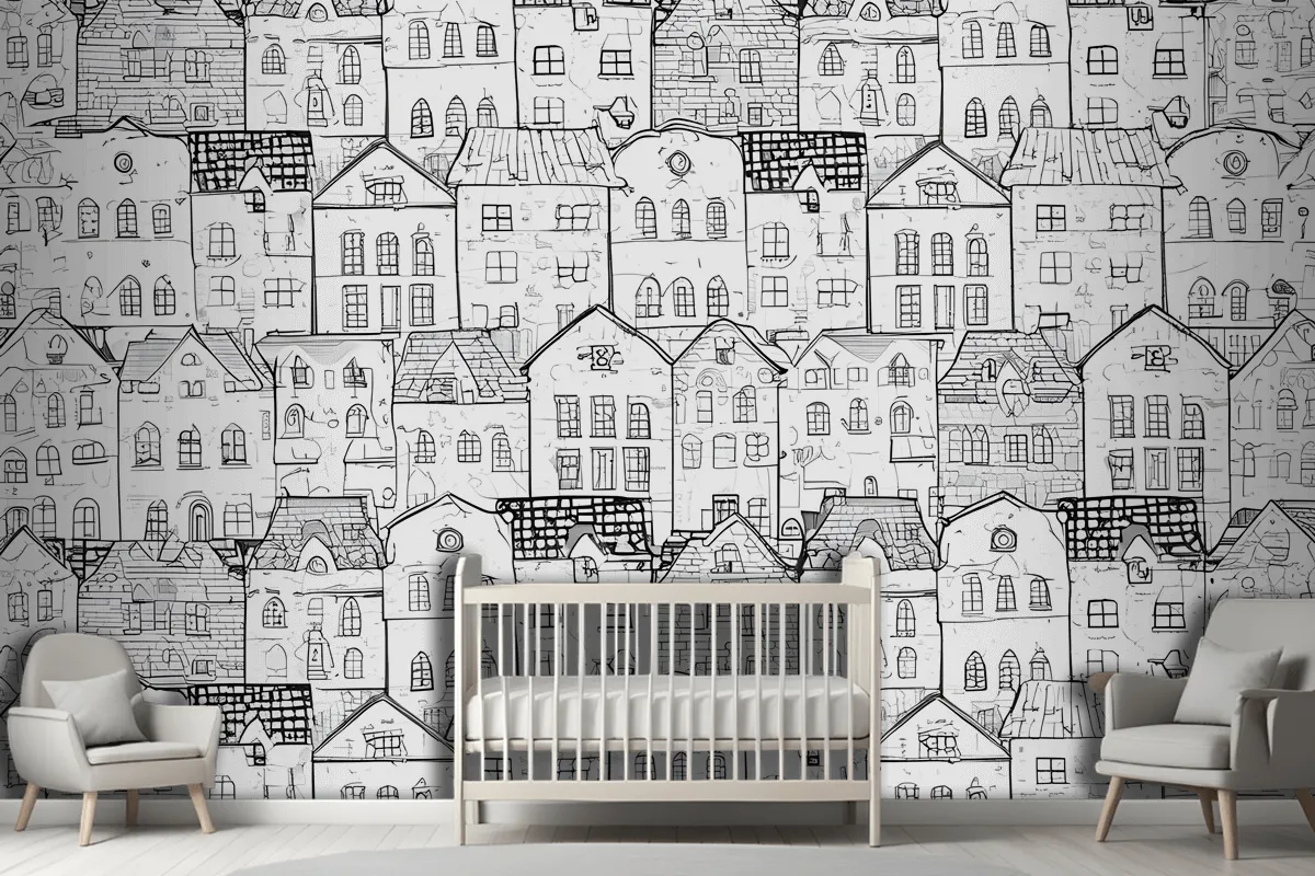 Kids Black And White Sketch House Wallpaper Mural