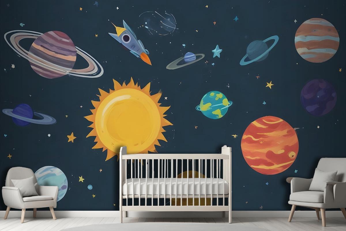 Kids Boys Watercolor Space And Solar System Wallpaper Mural